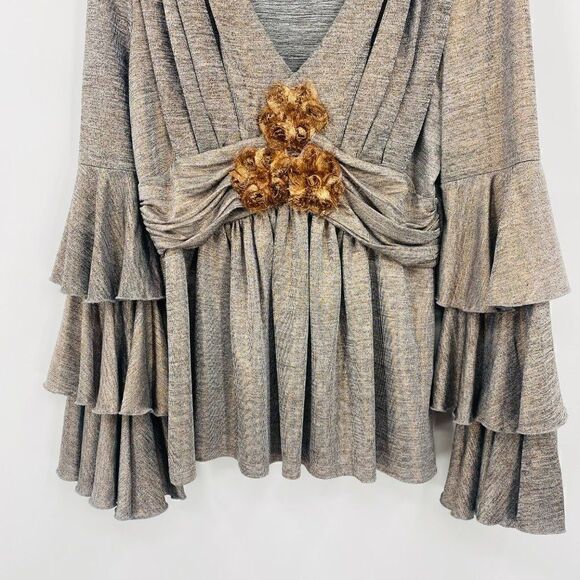 Boston Proper Size Medium Silver Metallic V Neck Tiered Sleeve Blouse Top - Picture 3 of 9
